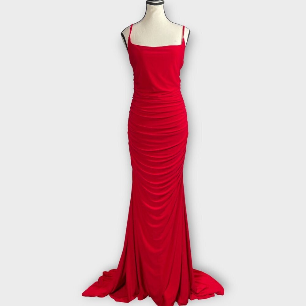 Club L London Adele Backless Ruched Fishtail Cami Maxi Dress Red Scarlet NWT